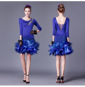 Purple violet black royal blue red middle long sleeves  women's ladies female rhinestones ruffles organza hem hollow front competition performance professional latin salsa cha cha ballroom dance dresses outfits 